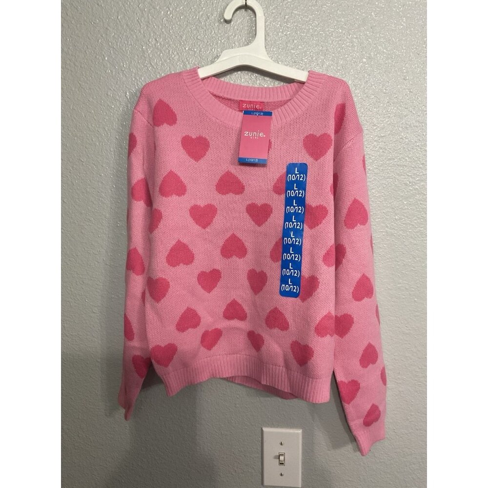 Zunie Girl Heart Sweater Pink W/Pink Hearts Girls Size 10/12 NWT